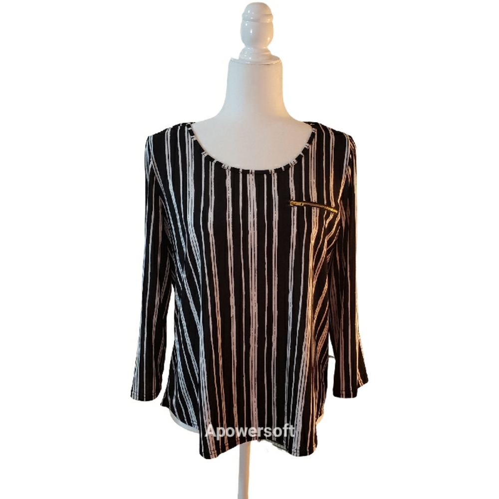 The Workshop Black and White Striped Long Sleeve Top w 3/4 Sleeves